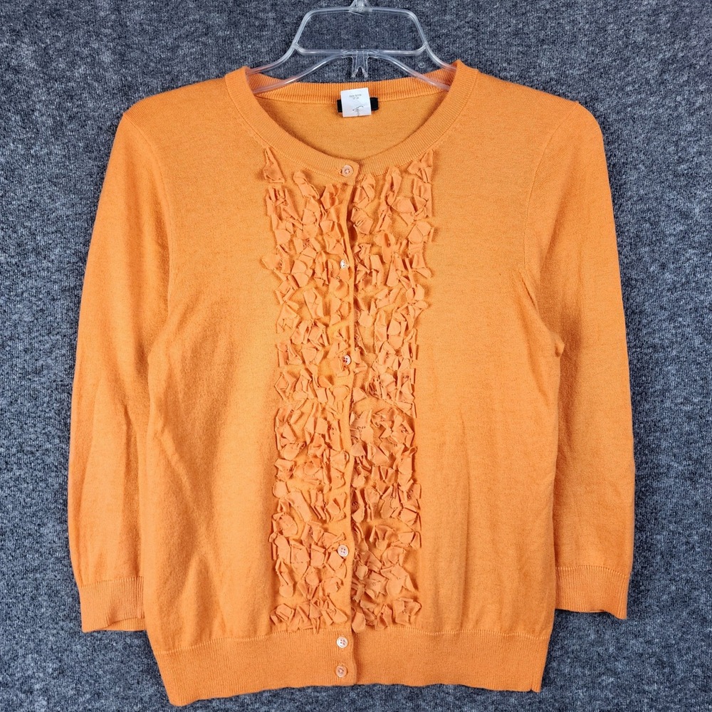 J.Crew Cardigan Womens S 92439 Orange Ruffle Front Cotton Cashmere EUC